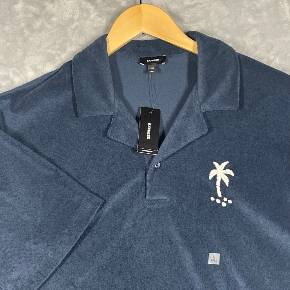 Express Mens Terry Cloth Polo Shirt Navy Blue Palm Tree Logo Tall L 05049247 NEW